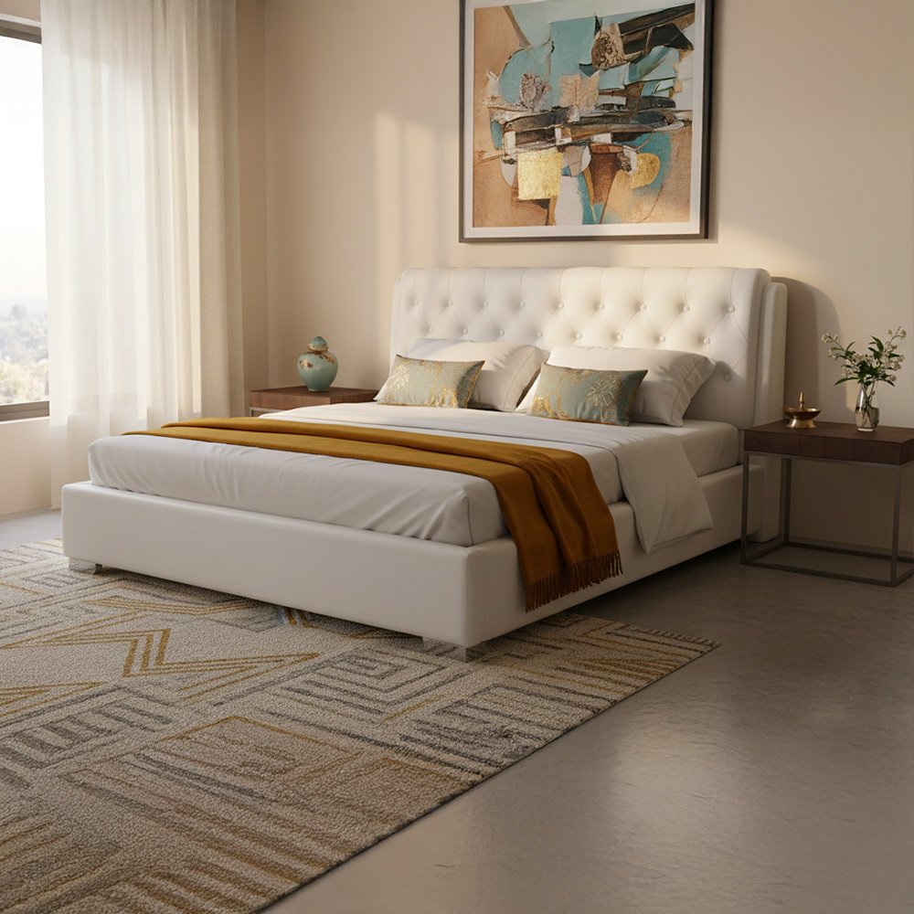 AMELIA TUFTED SNOW WHITE BED - QUEEN SIZE